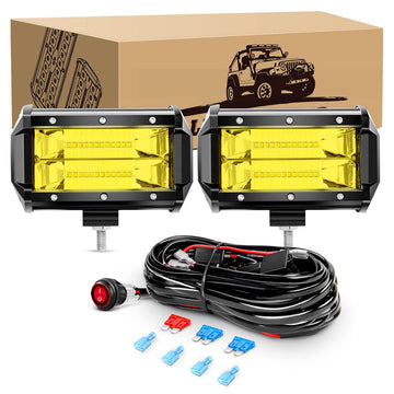 2 Pcs 5 Inch 72W 10800LM Flood Amber LED Pods with 16AWG 3Pin Wiring Harness-2 Leads